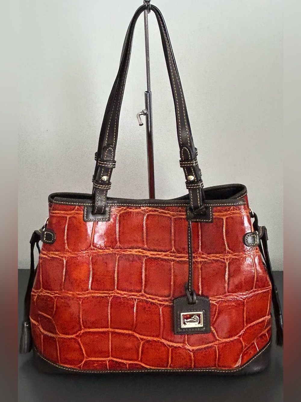 Dooney & Bourke Cognac Croc Embossed Leather Large Tote Shoulder Bag - Picture 3 of 15